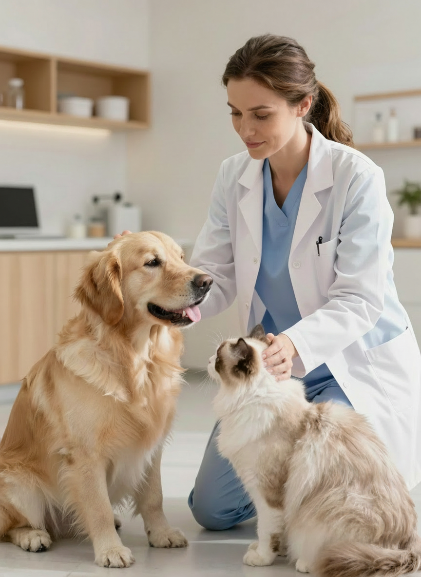 Veterinarian caring for a dog and cat