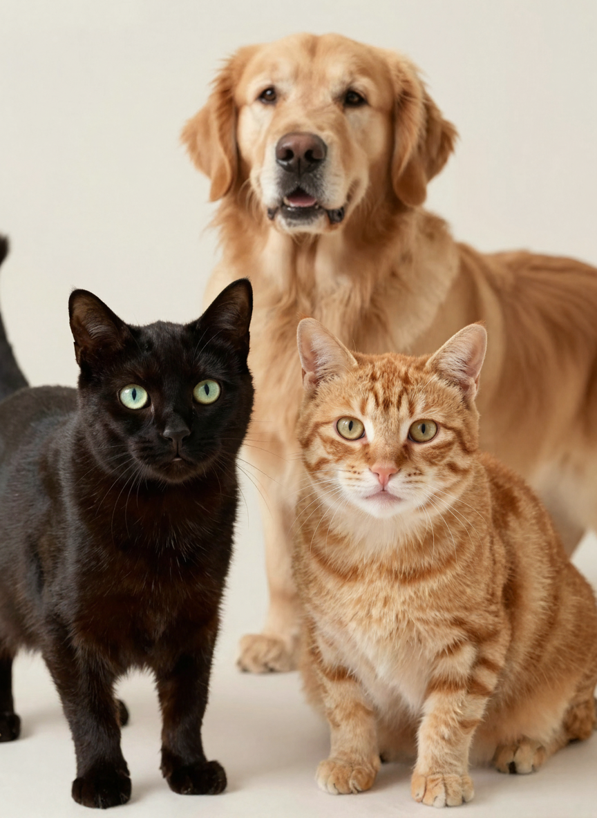 Golden retriever with two cats